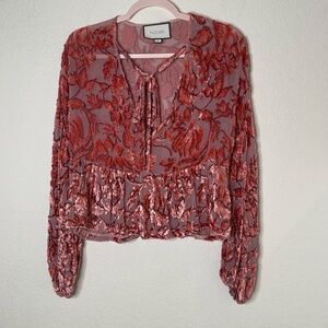 Alexis Long Sleeve Silk Sheer Velvet Top Front Tie Deep V Neckline Size M Salmon